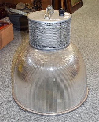 Lot 1243 - A large modern light fitting and five holophane ceiling light fittings