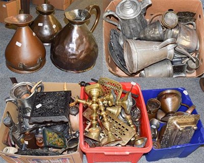 Lot 1250 - A large collection of 19th century and later metal ware including copper harvest jugs and...