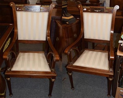 Lot 1275 - A pair of French Empire style mahogany brass mounted and mother of pearl inlaid chairs, with...