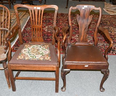 Lot 1331 - A mahogany open armchair with drop in needlework seat, with square section legs joined by a...