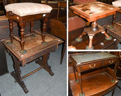 Lot 1361 - ~A reproduction leather inset occasional table, an adjustable piano stool, a marquetry...