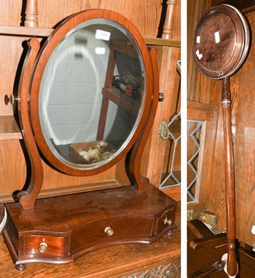 Lot 1366 - A Victorian mahogany dressing table mirror and a copper bed warming pan (2)