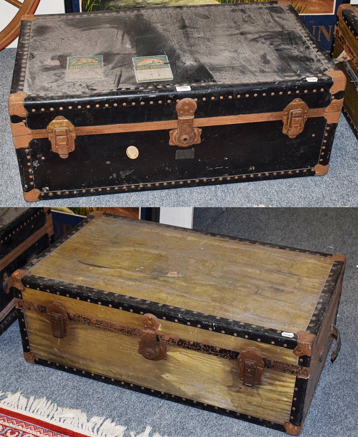 Lot 1080 - Two vintage travelling trunks, largest 91cm by 53cm by 35cm