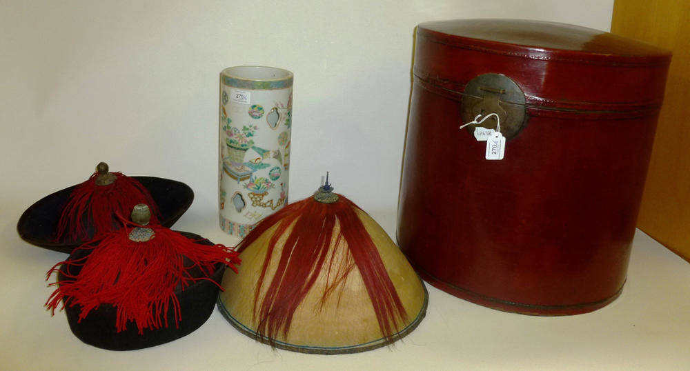 Lot 270 - A Chinese Porcelain Cylindrical Hat Stand, 20th century, painted with precious objects and foliage