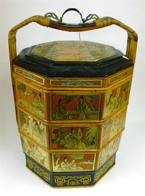 Lot 271 - A Chinese Lacquered Wood Wedding Basket, 20th century, of octagonal section with overhead...
