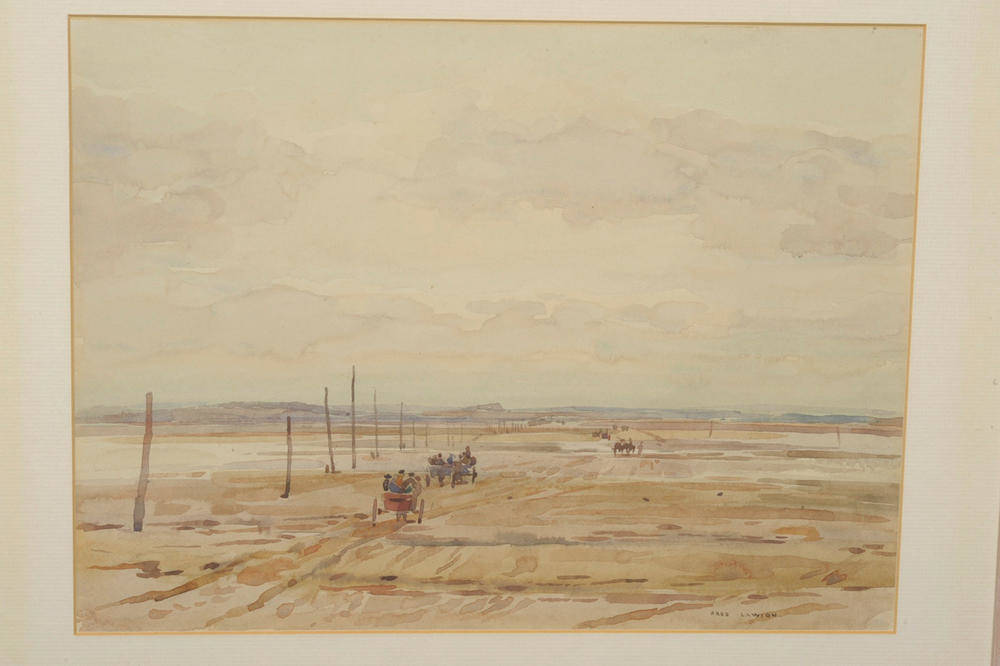 Lot 341 - Frederick (Fred) Lawson (1888-1968)  Figures with horses and carts crossing Morecambe Sands at...