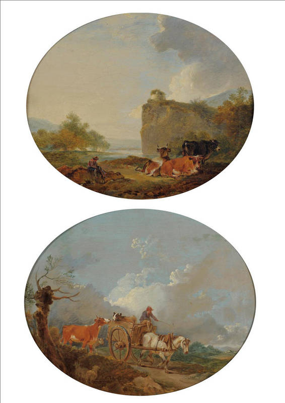 Lot 368 - Sir Peter Francis Bourgeois (1756-1811) Figure on horse drawn cart on a country road; Drover seated