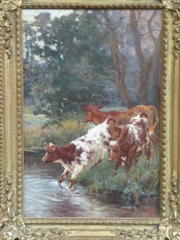 Lot 412 - Sir Arthur Temple Felix Clay Bt (1842-1928) Three calves beside a stream in summer Signed with...