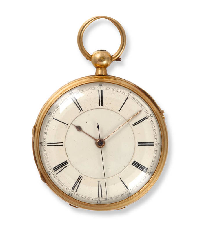 Lot 545 - An 18ct Gold Chronograph Pocket Watch, 1875, lever movement, white enamel dial, a slide in the band