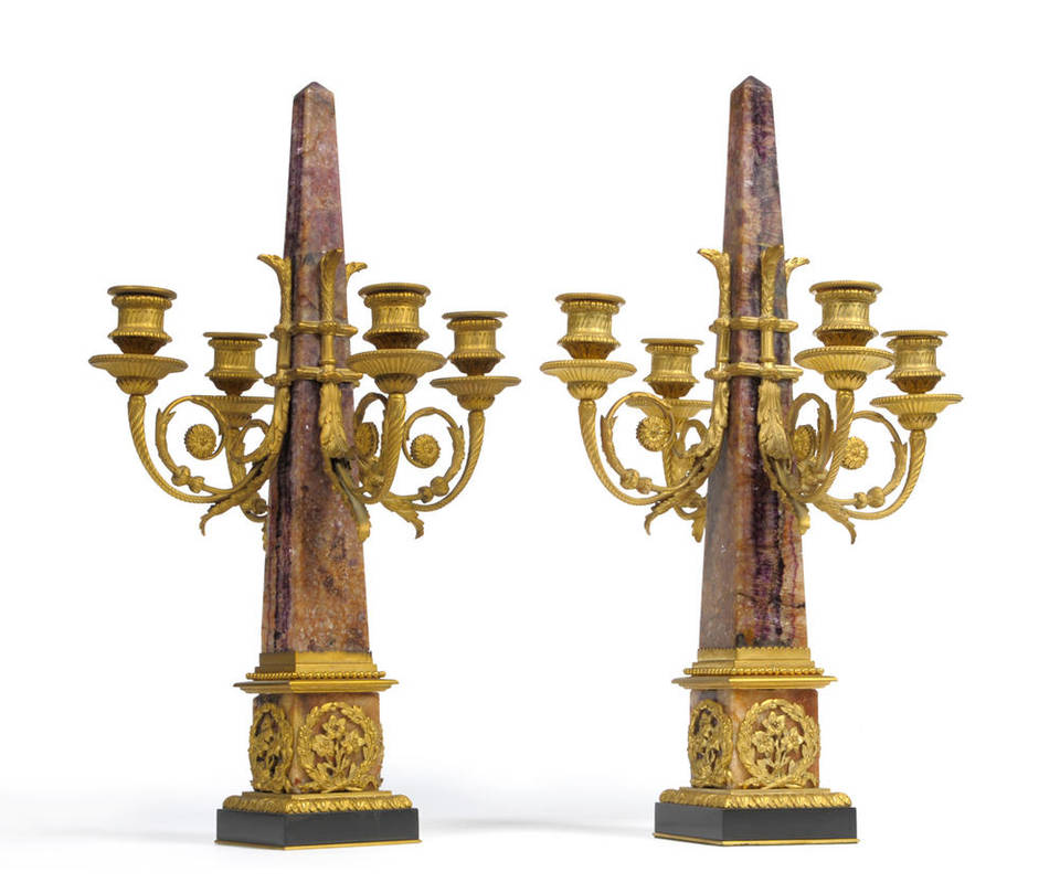 Lot 986 - A Pair of Ormolu Mounted Blue John Obelisk Candelabra, 19th century, the mounts in the manner...