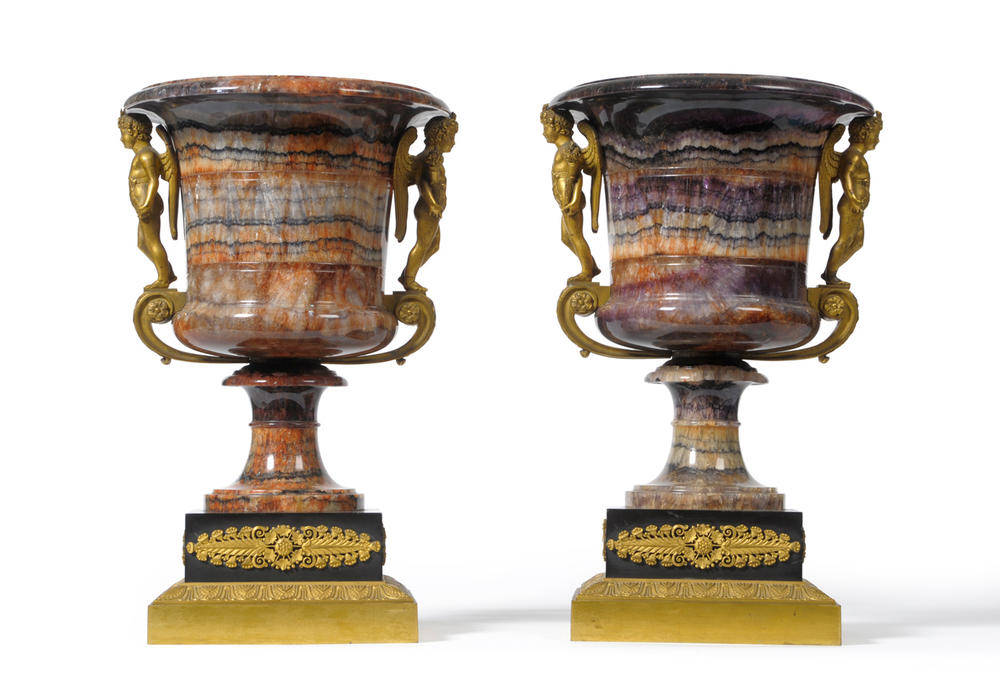 Lot 987 - A Pair of Ormolu Mounted Blue John Campana Shaped Pedestal Urns, 19th century, the mounts in...