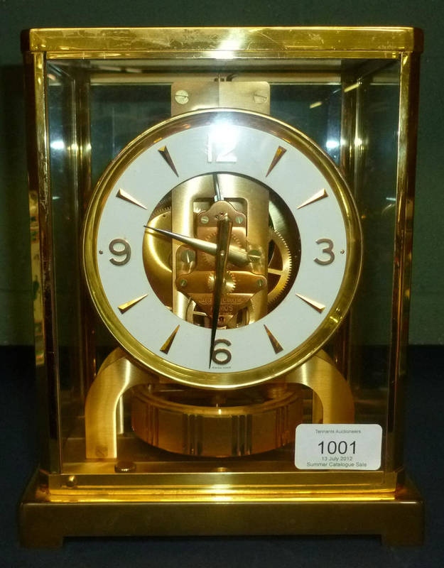 Lot 1001 - A Gilt Brass Atmos Clock, signed Le Coultre, No.450086, circa 1980, with glazed panels and...