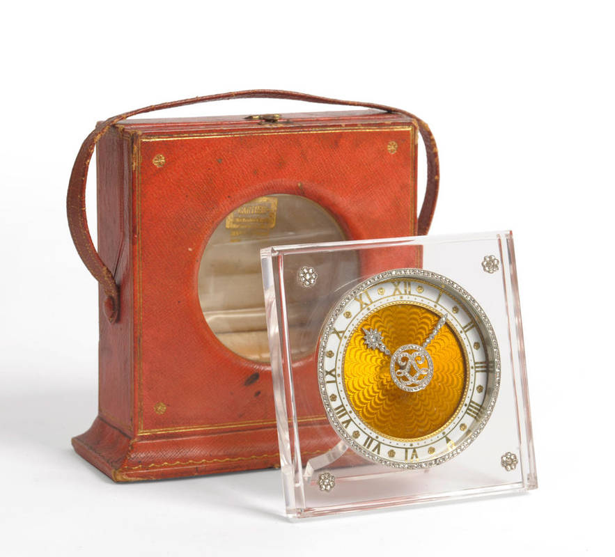 Lot 1003 - A Rare Art Deco Rock Crystal, Enamel and Diamond Set Strut Desk Timepiece, signed Cartier,...