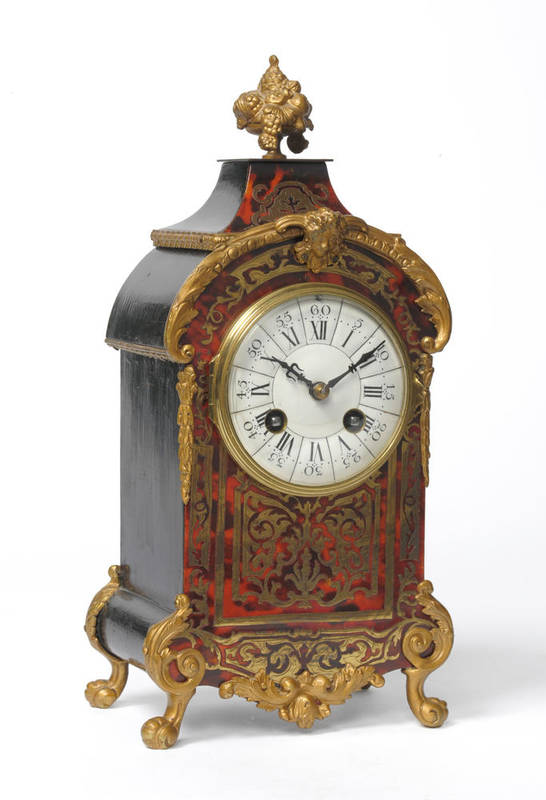 Lot 1004 - A French Boulle Striking Mantel Clock, circa 1890, with inlaid brass and tortoiseshell veneered...