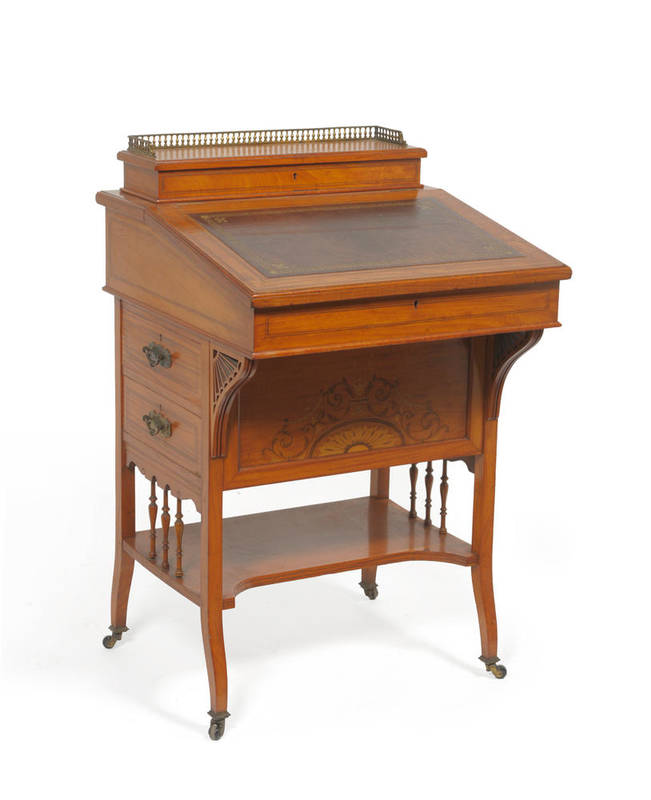 Lot 1223 - An Edwardian Satinwood, Purple Heart and Marquetry Davenport, early 20th century, with...