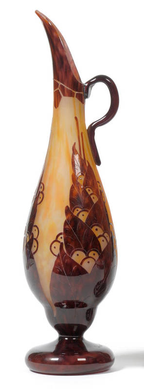 Lot 1473 - A Le Verre Français Cameo Glass Ewer, circa 1925, with stylised leaves and flower heads in...