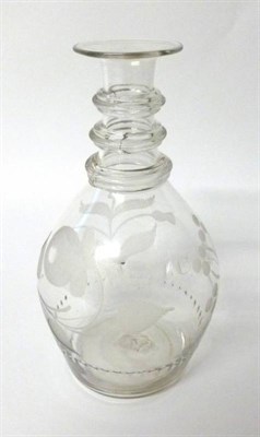Lot 25 - A Triple Ring Neck Mallet Decanter, early 19th century, engraved with a rose, thistle and shamrock