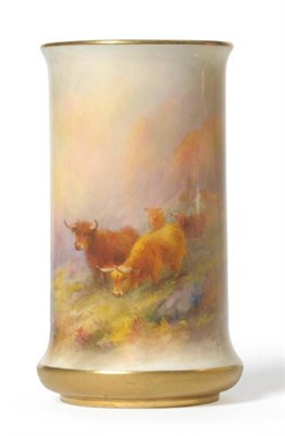 Lot 45 - A Royal Worcester Porcelain Cylindrical Vase, 1928, painted by Harry Stinton with highland...