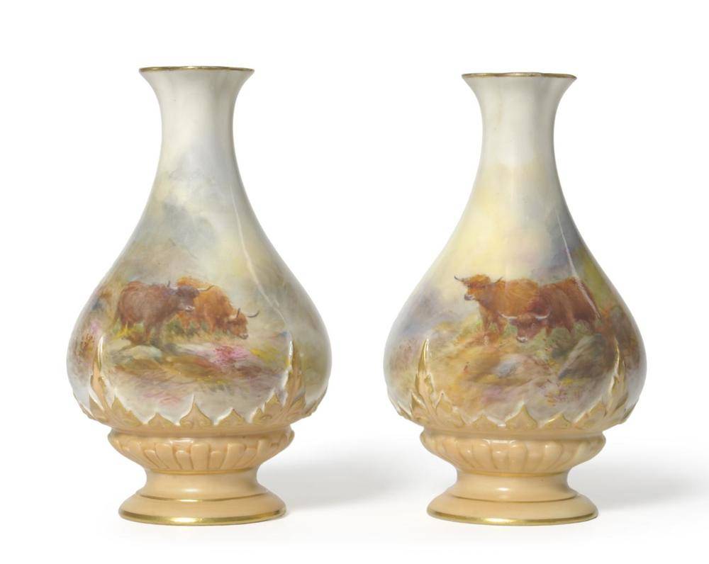 Lot 47 - A Pair of Royal Worcester Porcelain Conical Vases, 1914 and 1915, painted by Harry Stinton with...