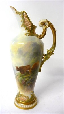 Lot 61 - A Royal Worcester Porcelain Ewer, 1911, painted by John Stinton, the tall spout with pierced...