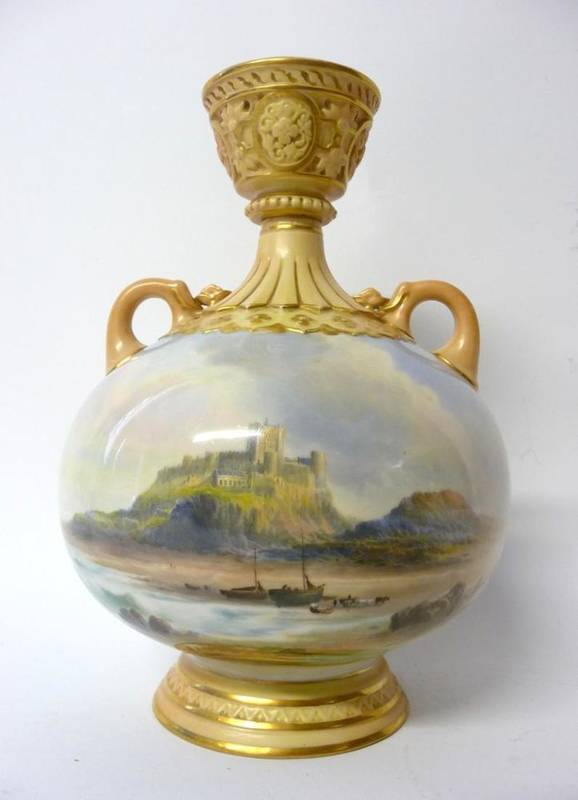 Lot 69 - A Royal Worcester Porcelain Twin-Handled Ovoid Vase, 1910, painted by Harry Davis with a view...