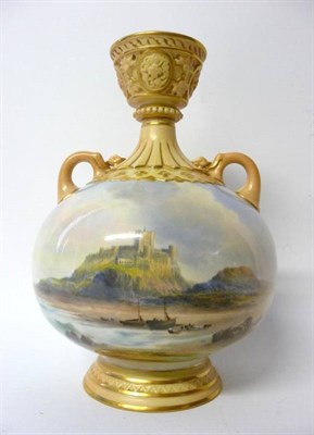 Lot 69 - A Royal Worcester Porcelain Twin-Handled Ovoid Vase, 1910, painted by Harry Davis with a view...