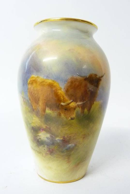 Lot 70 - A Royal Worcester Porcelain Vase, 1939, painted by Harry Stinton with highland cattle in a...