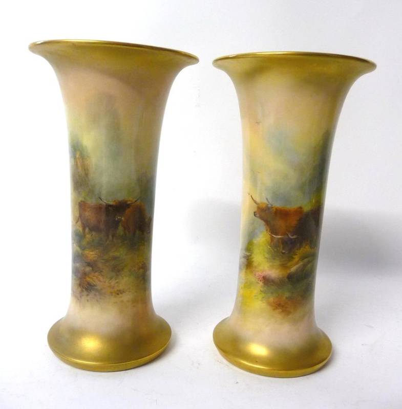 Lot 71 - A Pair of Royal Worcester Porcelain Trumpet Shape Vases, 1921, painted by Harry Stinton with...