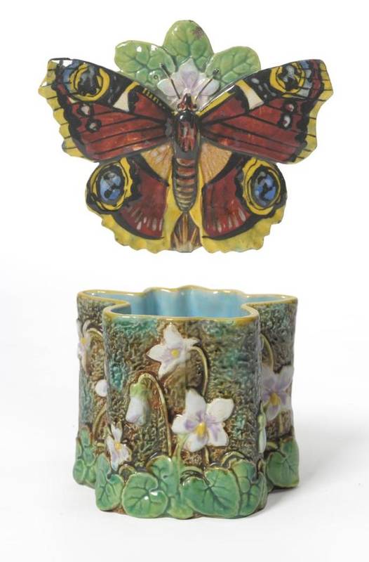 Lot 77 - A George Jones Majolica Butterfly Box and Cover, circa 1870, the lid moulded and painted as a...