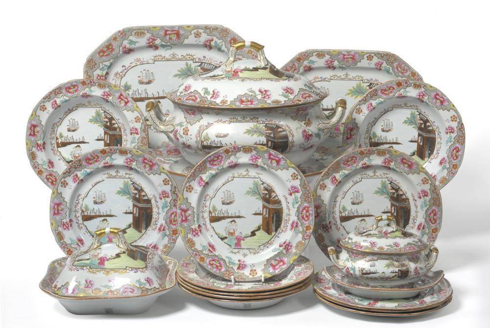 Lot 80 - A Spode Stone China Part Dinner Service, circa 1820, printed and overpainted in famille rose...