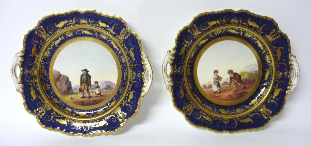 Lot 90 - A Pair of Staffordshire Porcelain Twin-Handled Bread and Butter Plates, circa 1820, of shaped...