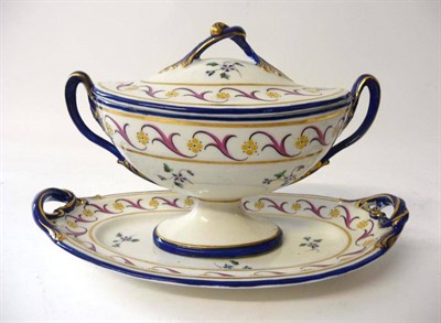 Lot 114 - A Pinxton Porcelain Sauce Tureen, Cover and Stand, circa 1800, with entwined scroll handles,...