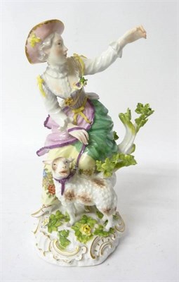 Lot 158 - A Meissen Porcelain Figure of a Shepherdess, circa 1757, wearing a salmon pink hat, puce bodice and