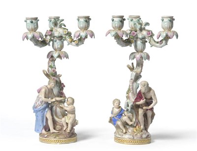 Lot 178 - A Pair of Meissen Porcelain Three-Branch Figural Candelabra, late 19th century, representing Spring