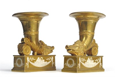 Lot 194 - A Pair of Paris Porcelain Gilt Porcelain Rhyton Vases, early 19th century, of trumpet form with...