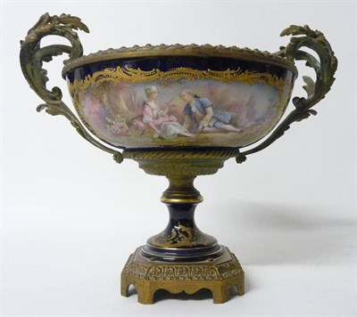 Lot 197 - A Gilt Metal Mounted Sèvres Style Pottery Twin-Handled Pedestal Bowl, late 19th century, of...