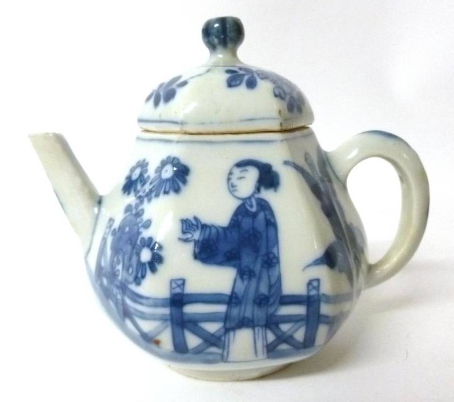 Lot 203 - A Chinese Porcelain Hexagonal Teapot and A Cover, Kangxi, painted in underglaze blue with...