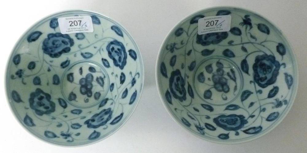 Lot 207 - A Pair of Chinese Porcelain Conical Bowls in Ming Style, painted in underglaze blue with meandering