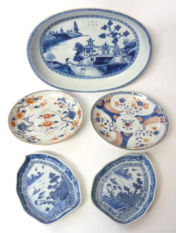 Lot 212 - A Chinese Porcelain Oval Dish, Qianlong, painted in underglaze blue with a figure on a bridge...