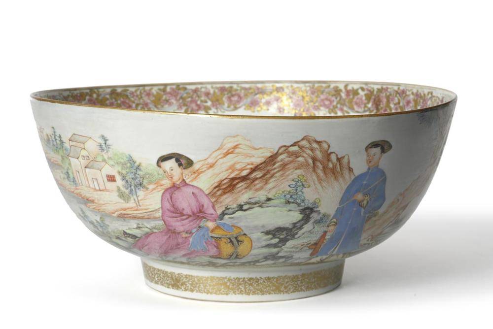Lot 214 - A Chinese Porcelain Punch Bowl, Qianlong, painted in famille rose type enamels with a...