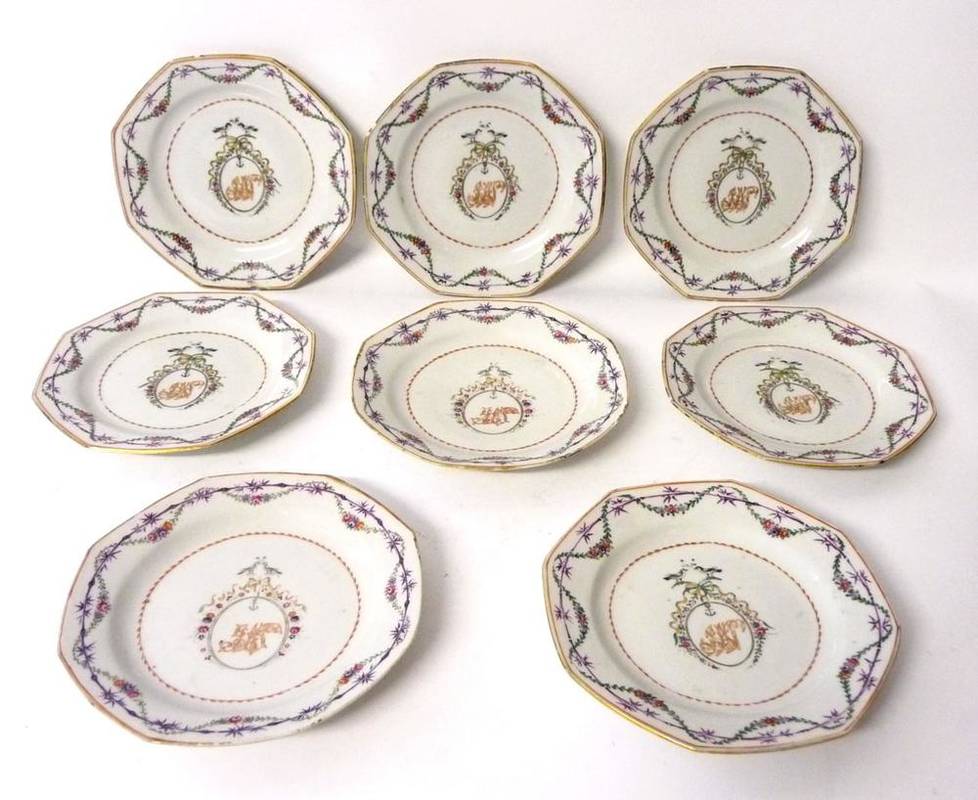 Lot 215 - A Set of Eight Chinese Porcelain Octagonal Tea Plates, Qianlong, painted in famille rose...