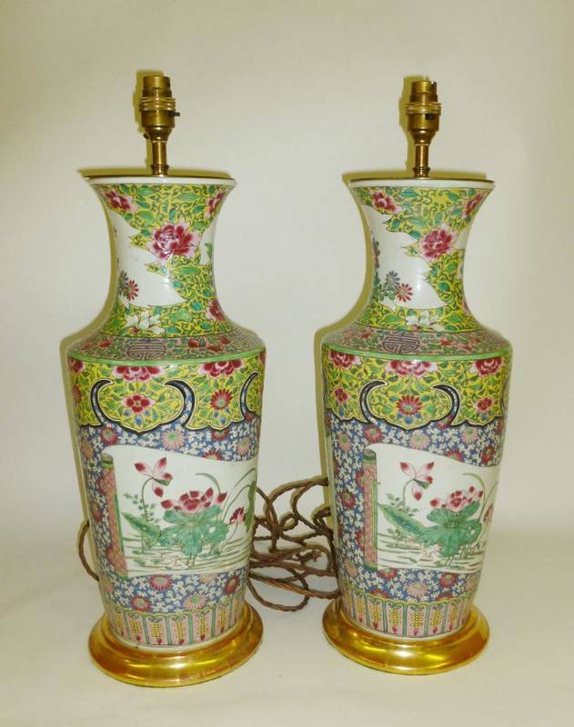 Lot 222 - A Pair of Chinese Porcelain Famille Rose Vases, 19th century, of slightly flared cylindrical...