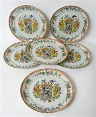 Lot 223 - A Set of Six Chinese Porcelain Armorial Plates, late 19th/early 20th century, with central arms...
