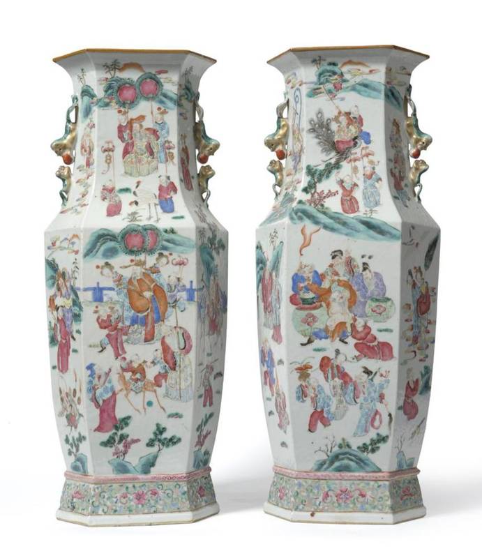 Lot 224 - A Pair of Chinese Porcelain Large Hexagonal Vases, 19th century, with mythical beast handles,...