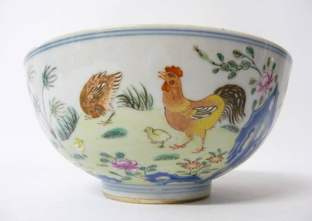 Lot 227 - A Chinese Porcelain Chicken Bowl, Qianlong reign mark but probably not of the period, painted...