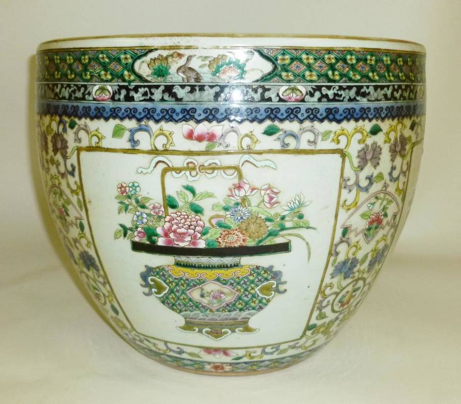Lot 229 - A Chinese Porcelain Fish Bowl in Kangxi Style, painted in famille rose enamels with ribbon tied...