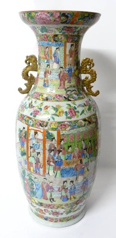 Lot 237 - A Cantonese Porcelain Baluster Vase, mid 19th century, with trumpet neck and mythical beast...