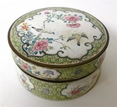 Lot 259 - A Cantonese Enamel Circular Box and Cover, Qianlong, painted in famille rose enamels with birds...