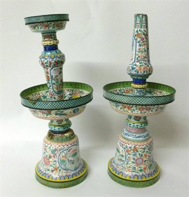 Lot 260 - A Pair of Cantonese Enamel Altar Candlesticks, 19th century, with dished circular drip pans and...