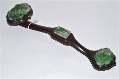 Lot 261 - A Chinese Jade and Hardwood Ruyi Sceptre in 18th Century Style, set with three shaped plaques...